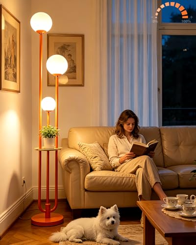 Dimmable 3-Light Globe Floor Lamp with Storage Shelf, Orange Mid Century Modern Standing Lamp, 3PCS 3000K Warm White LED Bulbs Included, Tall Pole Light for Living Room, Bedroom Sofa Corner - color: 3 Globe-Orange Shelf