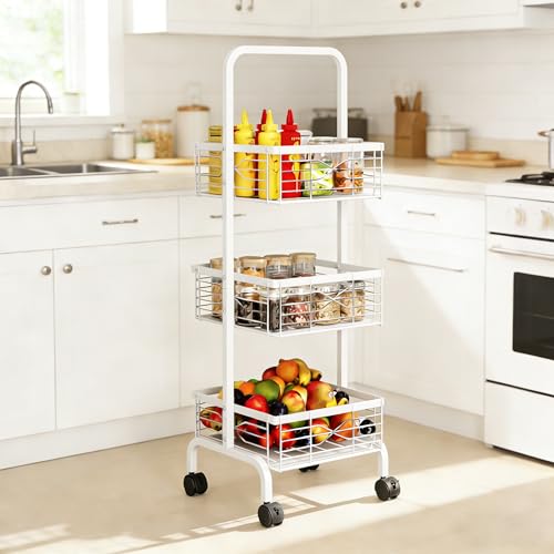 3 Tier Rolling Cart, Heavy Duty Metal Utility Cart with 4 Lockable Wheels & Handle, Multi-Purpose Storage Organizer for Kitchen, Bathroom, Laundry Room, Pantry, Office, Craft, Makeup (White) - color: White