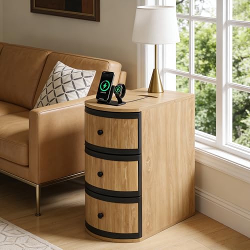 BERRYMERRY Narrow End Table with Charging Station, Modern Slim Nightstand Bedside Table with 3 Drawers for Bedroom Living Room, Natural Wood Grain, 11.81" W x 23.51" D x 23.62" H