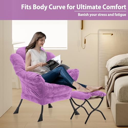 Youtanic Lazy Chair with Folding Ottoman, Accent Chair Plush Upholstered with Metal Structure and Non-Slip Pads, Sofa Armchair with Footrest and Side Storage Bag for Dorm, Room, Office, Purple - color: Plush Purple