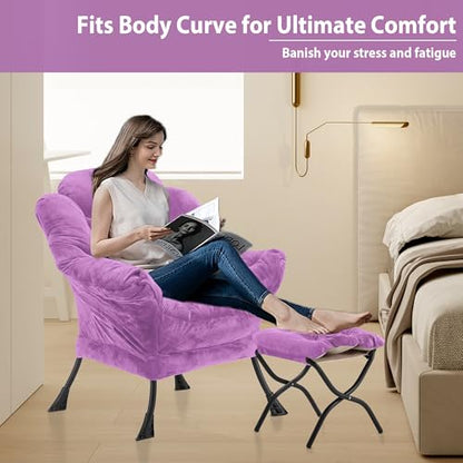 Youtanic Lazy Chair with Folding Ottoman, Accent Chair Plush Upholstered with Metal Structure and Non-Slip Pads, Sofa Armchair with Footrest and Side Storage Bag for Dorm, Room, Office, Purple - color: Plush Purple