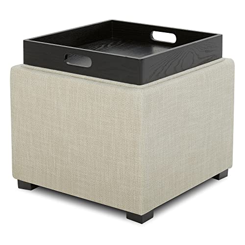 CHITA Storage Ottoman Cube with Tray Lid, Small Footstool with Storage, Square End Table for Living Room and Bedroom, Fabric in Linen - color: Linen