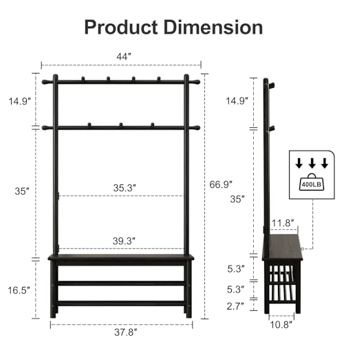AQIMUELE Coat Rack with Shoe Storage, Wooden Hall Tree with Bench, 11 Hooks and 2-Tier Storage Shelves, 3-in-1, Entryway Bench with Coat Rack (39.3"-Black) - color: Black, size: 39.3"