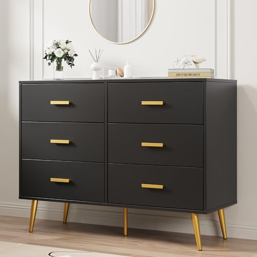 Garvee 6 Drawer Dresser for Bedroom, Modern Chest of Drawers with Gold Handles, Storage Organizer for Bedroom, Living Room, Entryway & Hallway, Black - color: Black