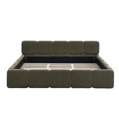 King Size Platform Bed, Boucle Thick Headboard and Footboard, Upholstery Grounded Beds, Block Style, White (Green, King) - color: Green, size: King