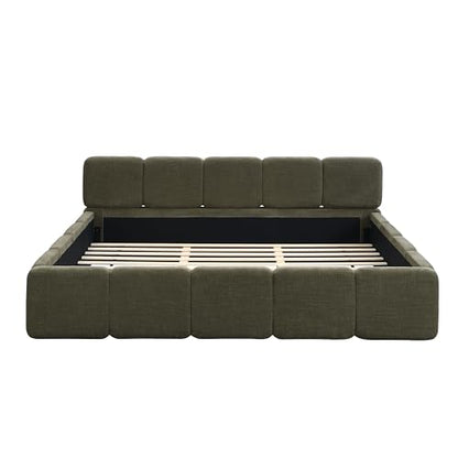 King Size Platform Bed, Boucle Thick Headboard and Footboard, Upholstery Grounded Beds, Block Style, White (Green, King) - color: Green, size: King