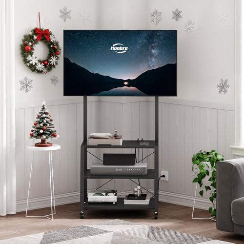 HOOBRO Rolling TV Stand with Mount and Power Outlet Up to 55 inch TVs, Corner Entertainment Center, Small TV Stand with 3-Tier Storage Shelves for Living Room, Bedroom, Black BB66UDS01 - color: Black