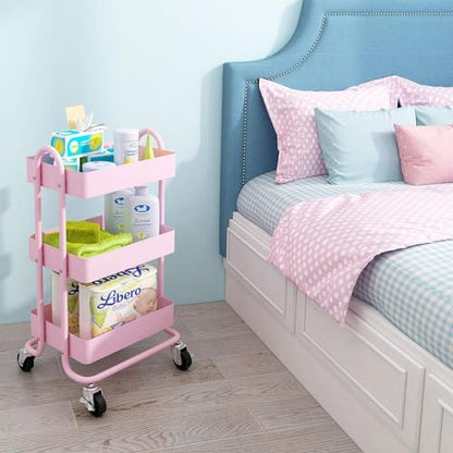 Metal Rolling Cart,3-Tier Pink Rolling Cart with Wheels,Metal Utility Cart with Wheels for Office,Home,Kitchen,Garden（13.4"x18.1"x31"） Pink - color: Pink, size: 31"H