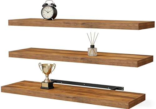 Vervida® Rustic Brown Floating Wall Shelves 35.4in Set of 3 Farmhouse | Rustic Brown Floating Shelves 35.4 x 9.3 in for Bathroom, Invisible Brackets Easy Install, Extra Long Farmhouse Decor Display - color: Rustic Brown, size: 35.4x9.3