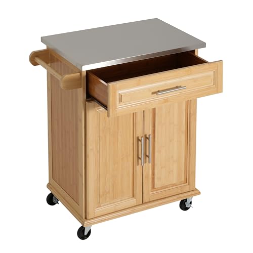 Christopher Knight Home ZAH Bamboo Rolling Cart with Drawers, Kitchen Bar Cart on Wheels with Stainless Steel Top, Mobile Rolling Kitchen Cart Storage Cabinet, Serving Cart, 29.13'' x 18.5'', Natural - size: Small