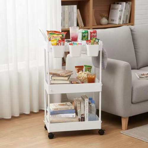 Storage Cart on Wheels, 3 Tier Slim Laundry with Wheels Bathroom Organizer with Hanging Cups Hooks Dividers Handle Mobile Rolling Art Cart for Bathroom Kitchen Narrow Places, White - style: 3 Tier White