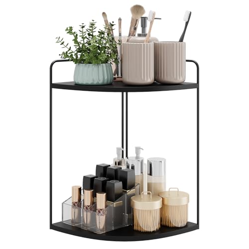 Bathroom Counter Organizer, Vanity & Makeup Countertop Organizer | Corner Bathroom Counter Organizer, Bathroom Sink Organizer, Bathroom Counter Shelf, Countertop Organizer, Corner Desk Shelf - color: Black 2 Tier
