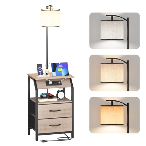 End Table with Floor Lamp, Nightstand with Charging Station, Floor Lamp Table with 3-Color Temperature Bulb, Bedside Table Night Stand with 2 Drawers for Bedroom, Living Room, Greige - color: Greige 2 Drawers