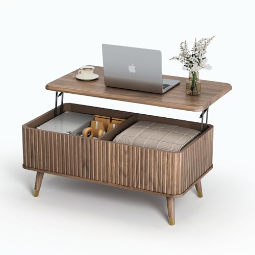 SULIVES Lift Top Coffee Table with Storage,Fluted Coffee Table with Lifting Top,Mid Century Modern Center Table with Solid Wood Legs,Small Coffee Tables for Living Room,Walnut - color: Walnut_rectangular