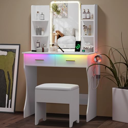 Small Vanity Desk with Mirror and Lights, Makeup Vanity with LED Lights, White Vanity Mirror with Lighted Desk and Chair, 3 Lighting Adjustable Compact Dressing Table with Mirror for Women, Girls - color: White, size: 29.88x15.09x51.30 in
