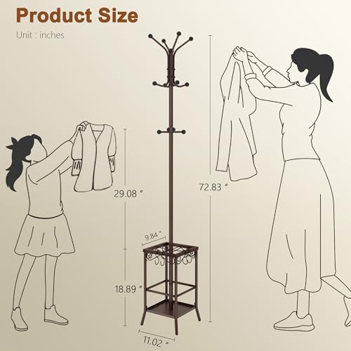 Hoctieon Coat Rack Freestanding, Coat Tree with Umbrella Holder | Metal Coat Rack Stand with 12 Hooks, Standing Coat Hanger Stand, Umbrella Stand for Entryway, Hat Rack Stand for Home Office - color: Brown