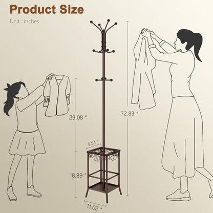 Hoctieon Coat Rack Freestanding, Coat Tree with Umbrella Holder | Metal Coat Rack Stand with 12 Hooks, Standing Coat Hanger Stand, Umbrella Stand for Entryway, Hat Rack Stand for Home Office - color: Brown
