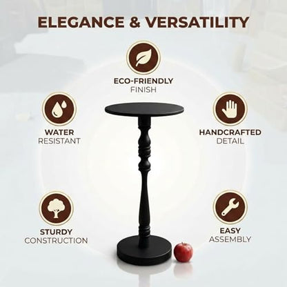 Relso Stambha Solid Wood Drink Table - 24" Tall Round Accent Side Table, Handcrafted Black Finish, Mango Wood, Perfect for Living Room, Bedroom or Indoor Plant Stand, 12" Compact Top - color: Stambha Black