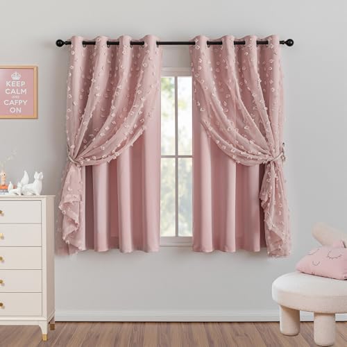 MYSKY HOME Double Layer Curtains for Girls Bedroom Kids Curtain Pink Pom Pom Sheer Window Curtains 2 Panels Pink Curtains Grommet Room Darkening Solid Nursery Curtains 63 Inches Length, W52 X L63 - color: Z-pink, size: 52"W x 63"L (Pack of 2)
