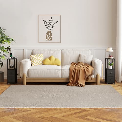 TUTOTAK Small Narrow End Tables, Side Tables with 2 Fabric Drawers, Set of 2, Bedside Tables with Charging Station for Small Spaces, Slim Nightstands with USB Ports and Wheels, TB01BK053 - color: Black, style: with Outlets
