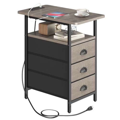sthmec End Table with Charging Station, Side Tables Livingroom with USB Ports and Outlets,Narrow Nightstands Bedside Tables with 3 Drawers for Small Space,Slim Sofa Table Bedroom,Grey - color: Grey, size: 11.75'' W*21'' D* 24.3'' H, style: Power
