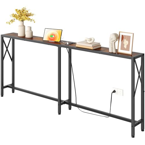 Gewudraw 70" Sofa Table Behind Couch with Oulets-Narrow Console Table,Brown | Industrial Style, Long Skinny Design,Couch Table For Hallway,Living Room,Bedroom, Built-In Power Outlets & USB, 172cm Length - color: Rustic Brown, size: 70 in