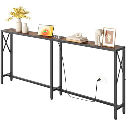 Gewudraw 70" Sofa Table Behind Couch with Oulets-Narrow Console Table,Brown | Industrial Style, Long Skinny Design,Couch Table For Hallway,Living Room,Bedroom, Built-In Power Outlets & USB, 172cm Length - color: Rustic Brown, size: 70 in