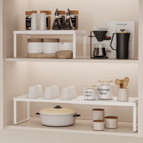 Magheo Expandable Cabinet Shelf Organizer, 1 Pack Stackable Kitchen Counter Shelf Riser, Metal Spice Rack Heavy Duty Countertop Organizer Storage for Kitchen, Pantry, Cupboard, Rv (5.9in Height,White) - color: White, size: 1 Pack-5.9in Height