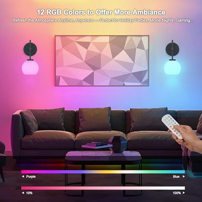 Black Wireless Rechargeable Wall Sconces with Remote Control, Battery Operated Wall Sconce Set of 2, LED Dimmable Wall Lights with Opal White Glass Shade, 12 Colors RGB & 3 CCT Bulb - color: Matte Black & Opal Glass, size: Battery 12 Inch