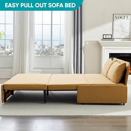 BALUS 43" W Queen Size Sleeper Couch Bed Pull Out Sofa with Pullout Beds, 2 in 1 Convertible Linen Single Sleepers Sofas Chair with Foldable Mattress and Pillows for Small Space Apartment, Yellow - color: Yellow, size: Queen