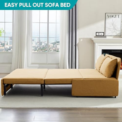 BALUS 43" W Queen Size Sleeper Couch Bed Pull Out Sofa with Pullout Beds, 2 in 1 Convertible Linen Single Sleepers Sofas Chair with Foldable Mattress and Pillows for Small Space Apartment, Yellow - color: Yellow, size: Queen