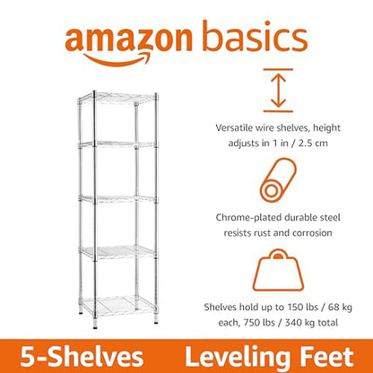 Amazon Basics 5-Shelf Tower Adjustable Storage Shelving Unit, Chrome, 16" x 16" x 54", 150 lbs Per Shelf | Tower - color: Chrome, size: 16"L x 16" W x 54"H, style: 5 -Shelf