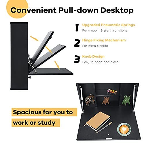 Tangkula Pneumatic Floating Desk - Wall Mounted Laptop Desk with Magnetic Foldable Tabletop, Space Saving Table with Storage Drawer and Shelves (Black) - color: Black