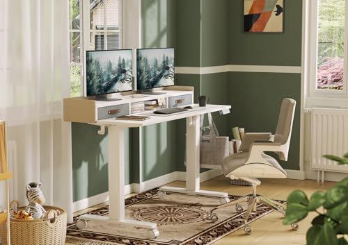 Claiks Standing Desk with Drawers & Wheels, 2 Height Shelf 63" White | 2 height adjust shelf, tabletop drawers, felt fence design, sturdy supports 176 lbs, 4 wheels, 2 tire monitor stand - color: White, size: 63×23.6