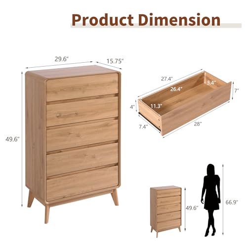 5 Drawers Tall Dresser, 50inch Mid Century Dresser, Nature | Kids Dresser, Tall Nightstand Storage Organizer for for Bedroom, Small Dresser Living Room, Console table for Entryway