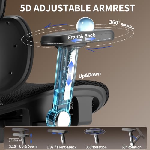 Mesh Office Chair Breathable, Office Chairs, Desk Chair with Adjustable Lumbar Support, Computer Chair, 5D Flip-Up Armrests, 330lbs Capacity, Tilt Lock, 3D Headrest