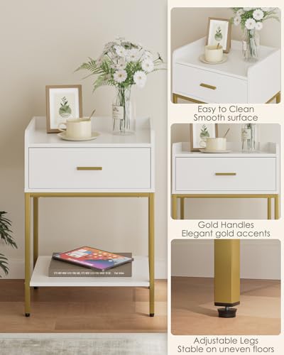 Masupu Nightstand,3-Tier Modern Bedside Night Stand with Storage Drawer and Shelf,Small End Side Table for Bedroom,Living Room,White (Without Outlet, White) - color: White Without Outlet