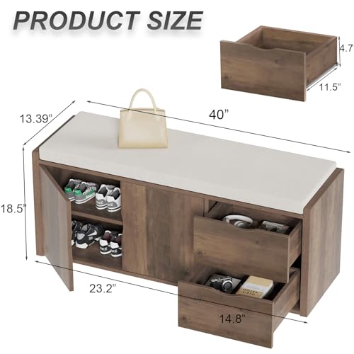 LVB Entryway Bench with Storage, 40" Shoes Bench with Padded Cushioned Seat | Farmhouse Shoe Bench with 2 Drawers Cabinet Shelf, Industrial Wood Shoe Rack Bench for Living Bedroom, Rustic Oak - color: Rustic Oak