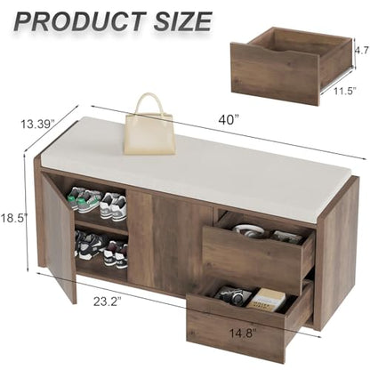 LVB Entryway Bench with Storage, 40" Shoes Bench with Padded Cushioned Seat | Farmhouse Shoe Bench with 2 Drawers Cabinet Shelf, Industrial Wood Shoe Rack Bench for Living Bedroom, Rustic Oak - color: Rustic Oak