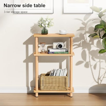 Apicizon Small Narrow Side Table, 3-Tier Skinny End Table, Natural | Sofa Side Table, Slim End Table, Wood Storage Shelf, Slim Nightstand Bedside Table for Narrow Spaces, Living Room, Bedroom - color: Natural, style: Narrow Side Table