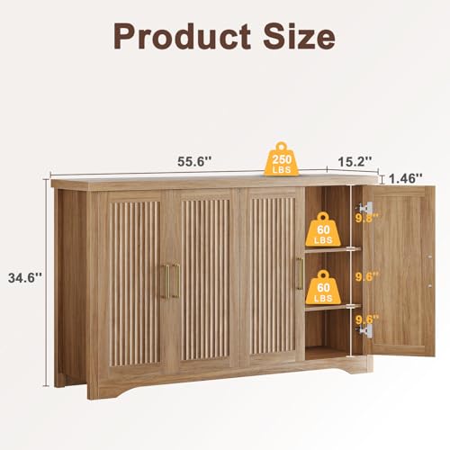 Fluted Sideboard Buffet Cabinet with Storage 55.59",Natural Oak | Sideboard Cabinet Modern Credenza with Doors & Adjustable Shelves Modular Coffee Bar Media Console for Dining Room Entryway - color: Natural Oak06, size: 1 Piece
