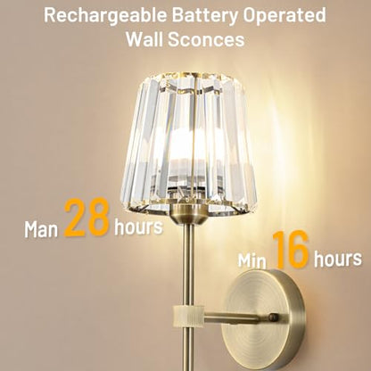 Crystal Battery Operated Wall Sconces Set of 2, Brass Rechargeable Wireless Wall Lights with Crystal Lampshade, 12 RGB and 3CCT Dimmable Wall Lamp with Remote for Bedroom Living Room Hallway - color: Brass