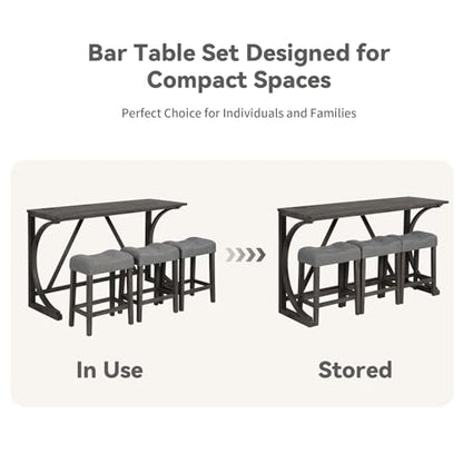 59" Counter Height Bar Table Set with Power Outlet, Industrial Breakfast Table with 3 Padded Stools, 4 Piece Bar Table and Chairs Set for Living Room, Dining Room, Dark Gray - color: O-dark Gray