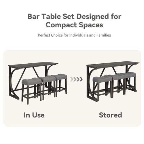 59" Counter Height Bar Table Set with Power Outlet, Industrial Breakfast Table with 3 Padded Stools, 4 Piece Bar Table and Chairs Set for Living Room, Dining Room, Dark Gray - color: O-dark Gray