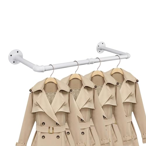 Industrial Iron Pipe Clothes Hanging Bar DIY Wall-Mounted Garment Rack Heavy Duty Clothing Rack for Bedroom, Laundry Room, Closet Storage (White 24 inch) - color: White, size: 24 Inch