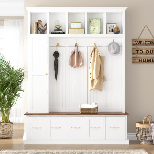 Farmhouse Hall Tree with Storage Cabinet & Shoe Bench, Retro White | 78.7'' Tall Entryway Organizer with 1 Door, 5 Overhead Display Cubbies & 5 Coat Hooks for Hallway Living Room Mudroom - color: Retro White, size: 59.2''D x 15.7''D x 78.7''H