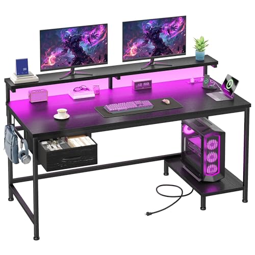 DurayLoly 47.2" Gaming Desk with Power Outlet and LED Lights,Bedroom,Black | Computer Desk with CPU Stand,Adjutable Monitor Stand,Fabric Drawer,2 Headphone Hooks,Home Work,Small Spaces,Bedroom - color: Black, size: 47.2 Inch