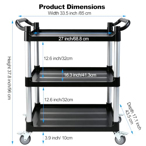 3-Tier Heavy Duty Utility Cart with 4 Silent Lockable Wheels (Medium) | Easy Assembly, Lightweight Sturdy Mobility; Cart for Restaurant Salon Warehouse Office Hotel Janitorial Service &Household - size: Medium