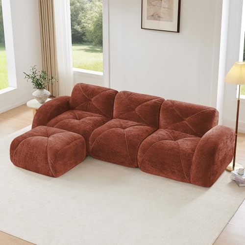 Red L-Shaped Sectional Couches for Living Room, Velvet Fabric Boneless Couch, No Assembly Cloud Modular Sectional Sofa with 1 Ottoman, Foam Couch Compressed Sofa Set for Apartment, Sofas para Sala - color: Red, size: 3 Seater + 1 Ottoman