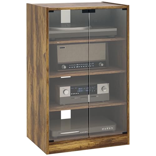 HOMCOM Media Cabinet 4-Tier Stereo Cabinet with Glass Door Rustic Brown | Vinyl Record Player, AV Record Player Stand, Adjustable Shelves, Push-to-Open Glass Doors, Cable Management - color: Rustic Brown